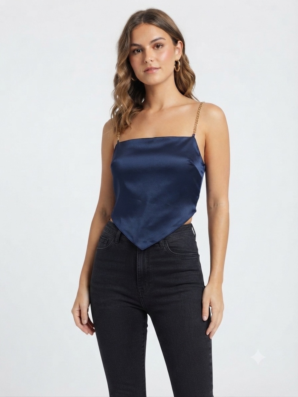 Paperoc Navy Satin Gold Chain Strap Cropped Tie-Back Top Size L festival Y2K